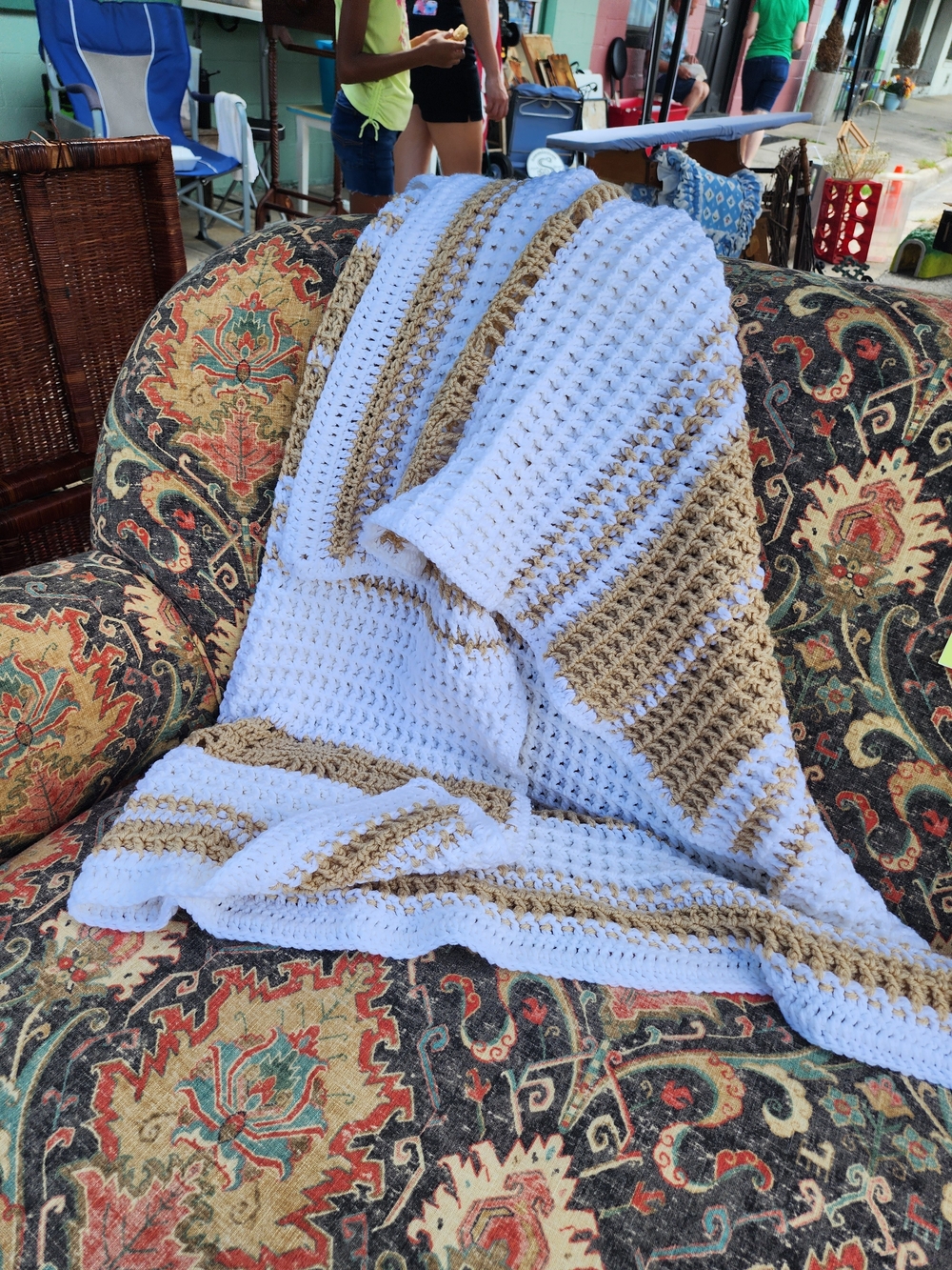 Handmade White and Tan Crochet Throw Blanket - Cozy Home Bedding